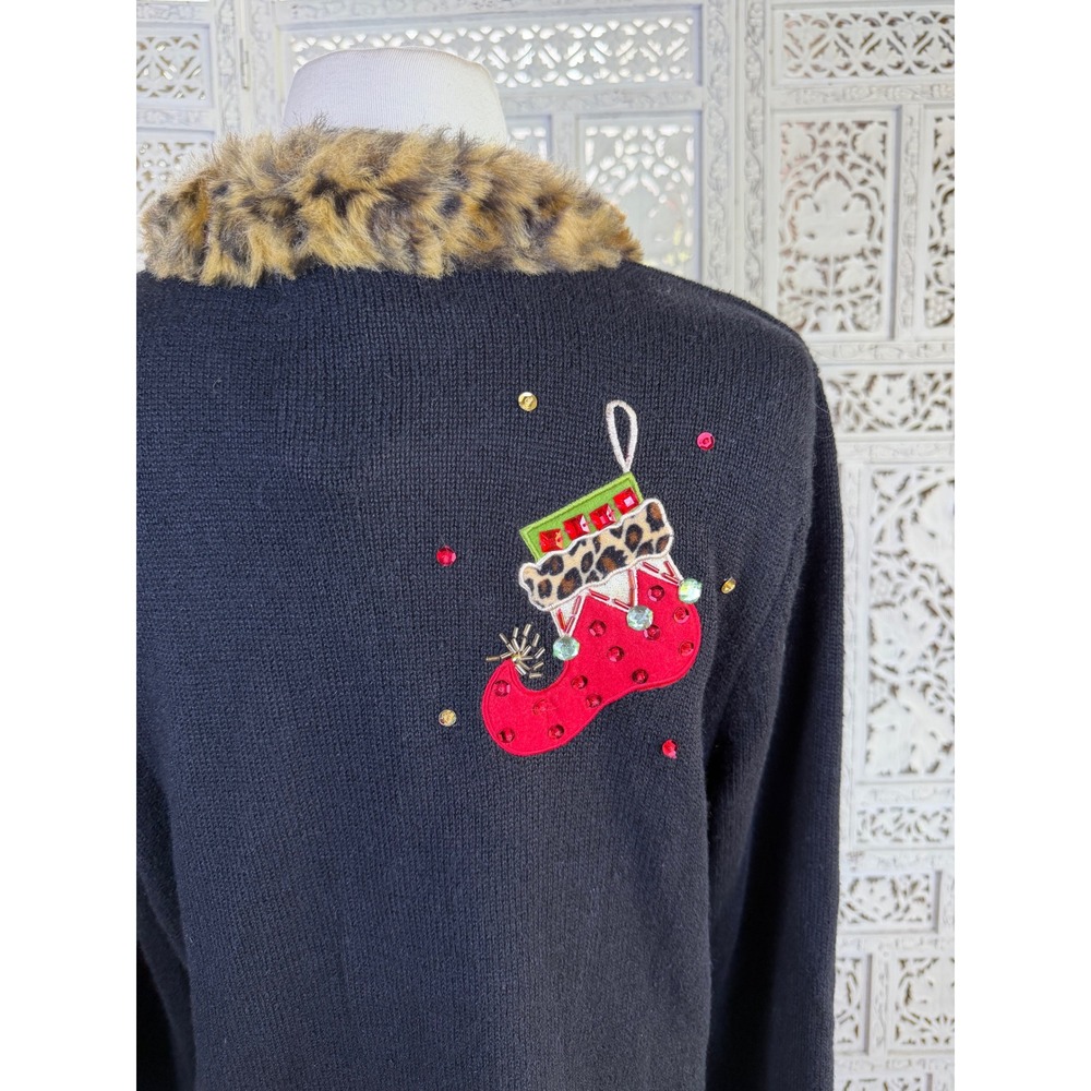 Vtg Tiara International Christmas Holiday Cardigan Sz Large Faux Fur Cheetah - Picture 7 of 8